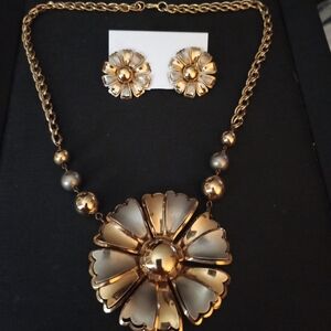 Gold And Silver Floral Pendant Necklace with Matching Earrings - Gold and Silver